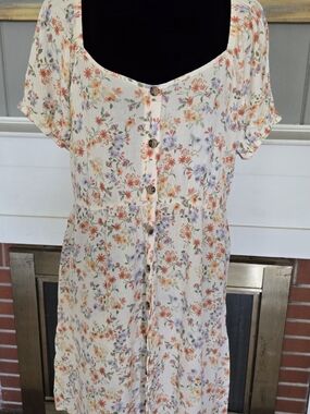 SO Cream Floral Short Sleeve Dress with Orange & Lavender Flowers